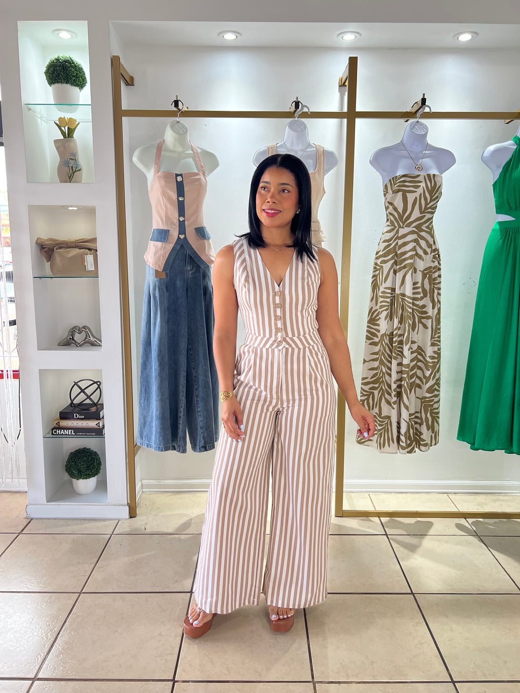 Taupe Wgite Striped Jumpsuit