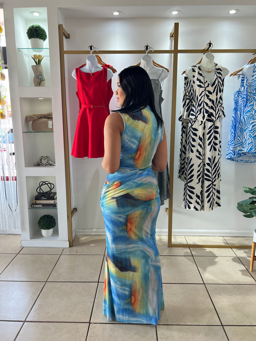 Blue Cowl Neck Mesh Drape Maxi Dress