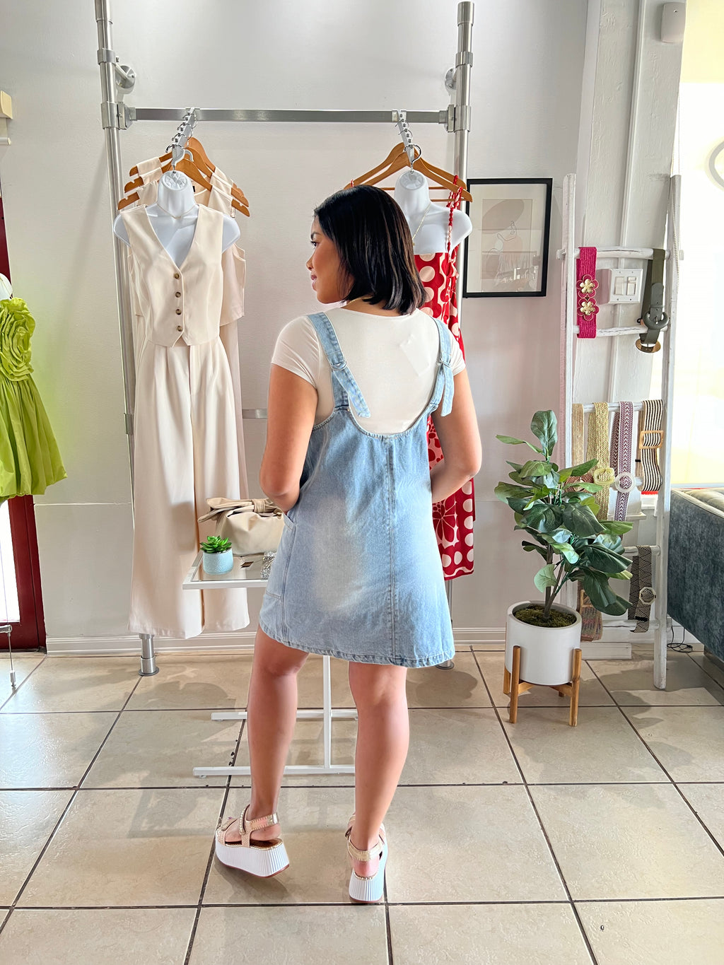 Denim wash overall dress