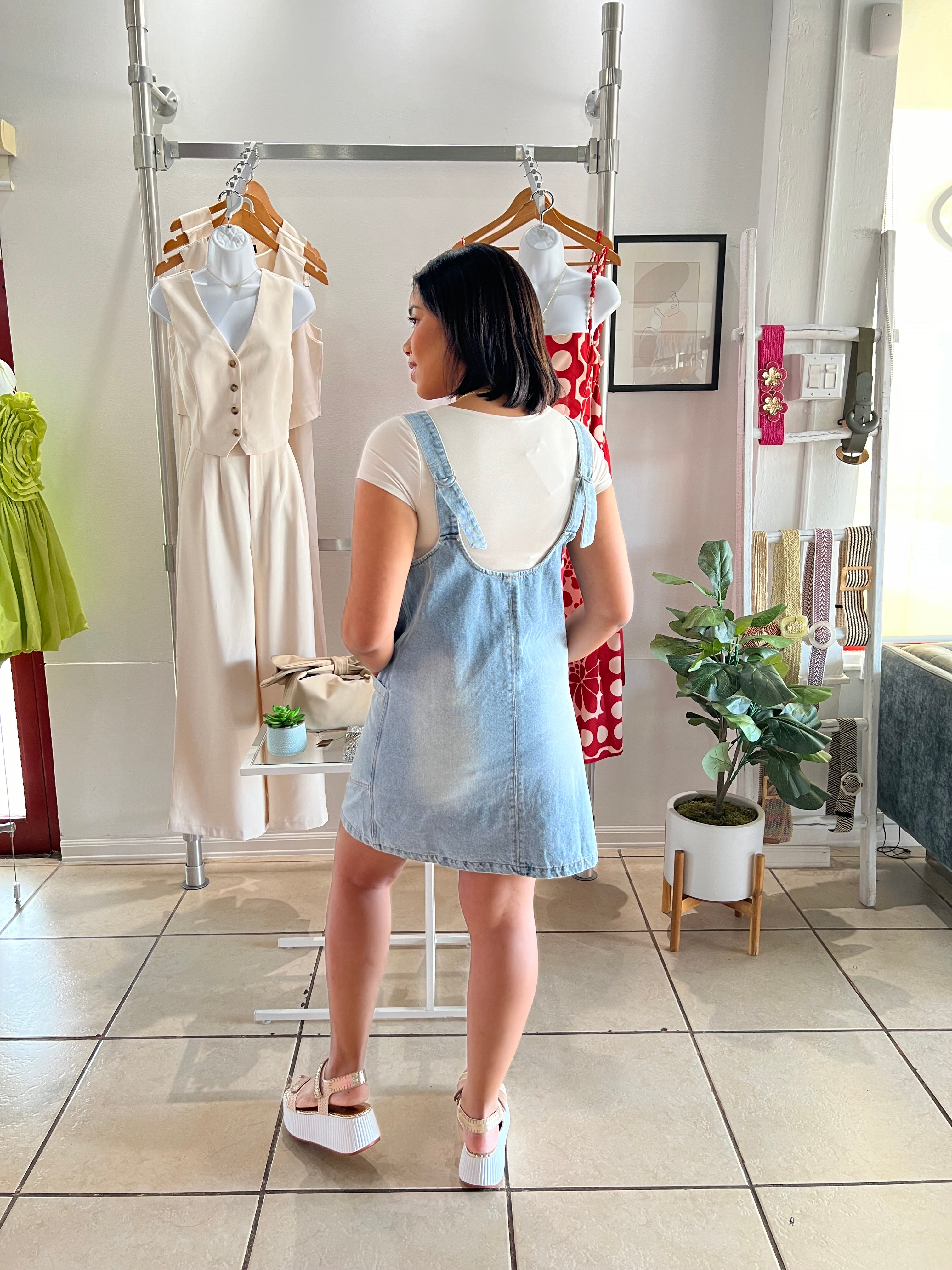 Denim wash overall dress