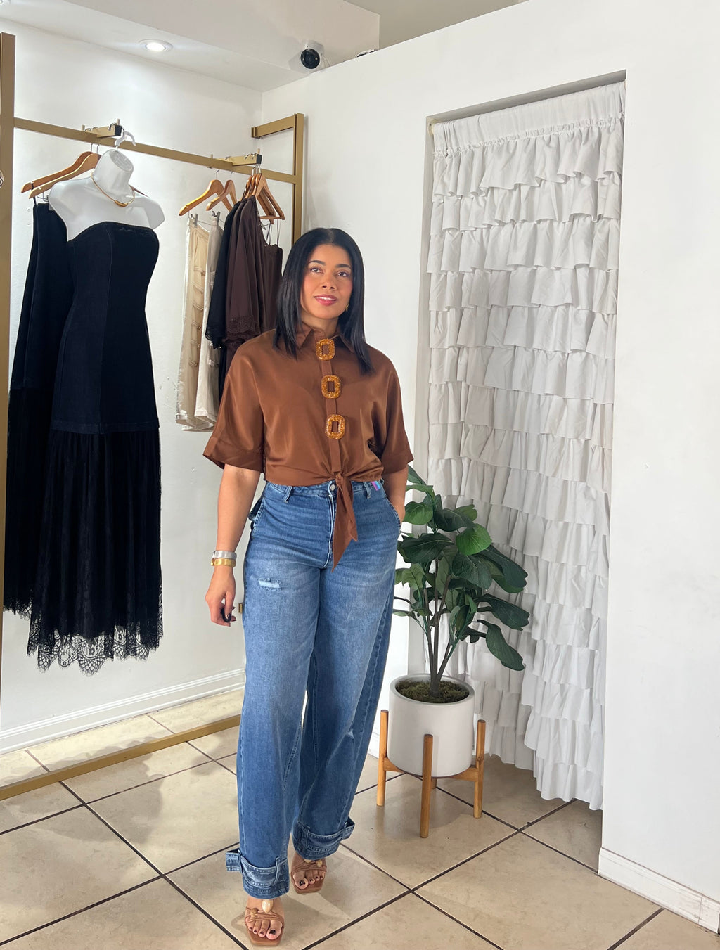 Brown Front Tie Blouse