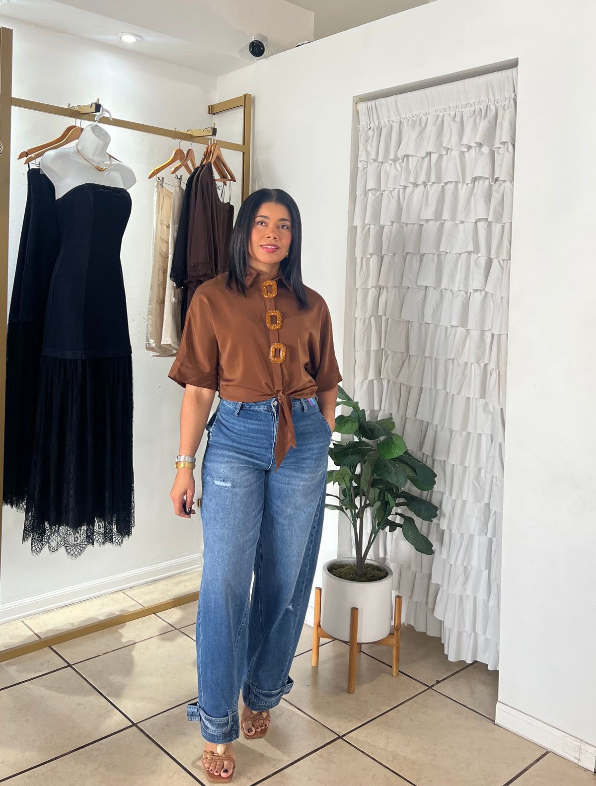 Brown Front Tie Blouse
