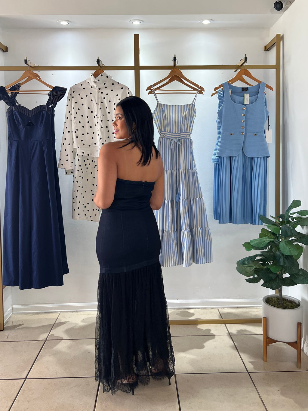 Dark Indigo Denim and Lace Combination Maxi Dress