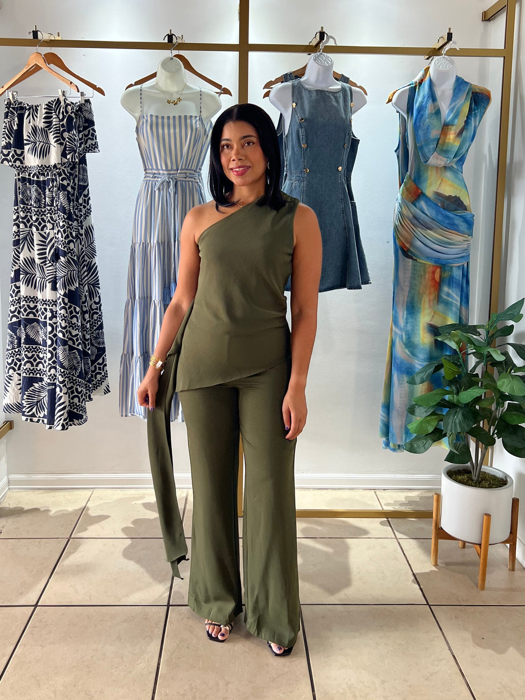 Olive One Shoulder Draped Jumpsuit