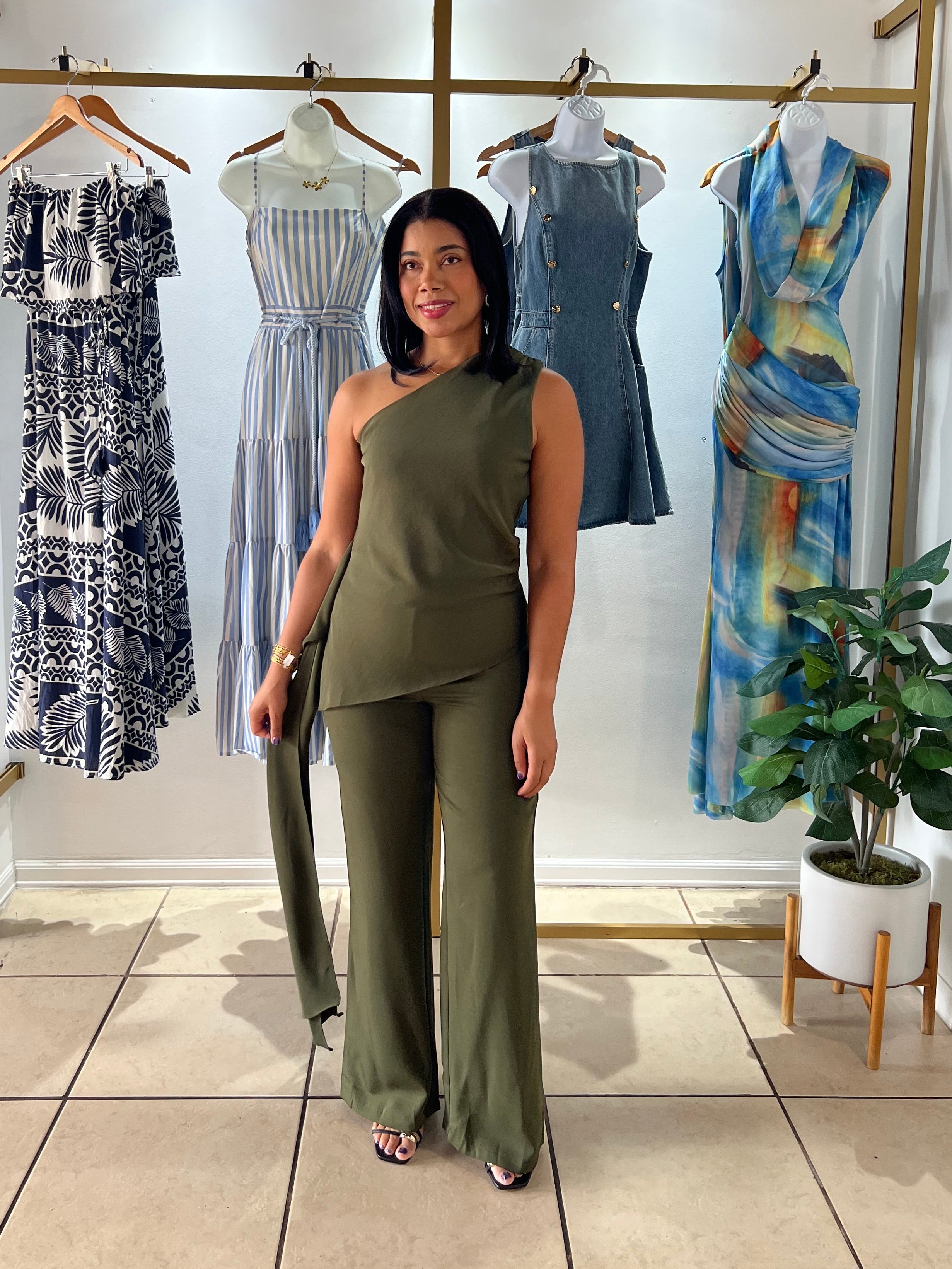 Olive One Shoulder Draped Jumpsuit