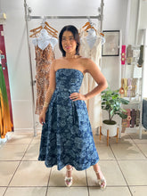 Load image into Gallery viewer, Denim strapless floral midi dress
