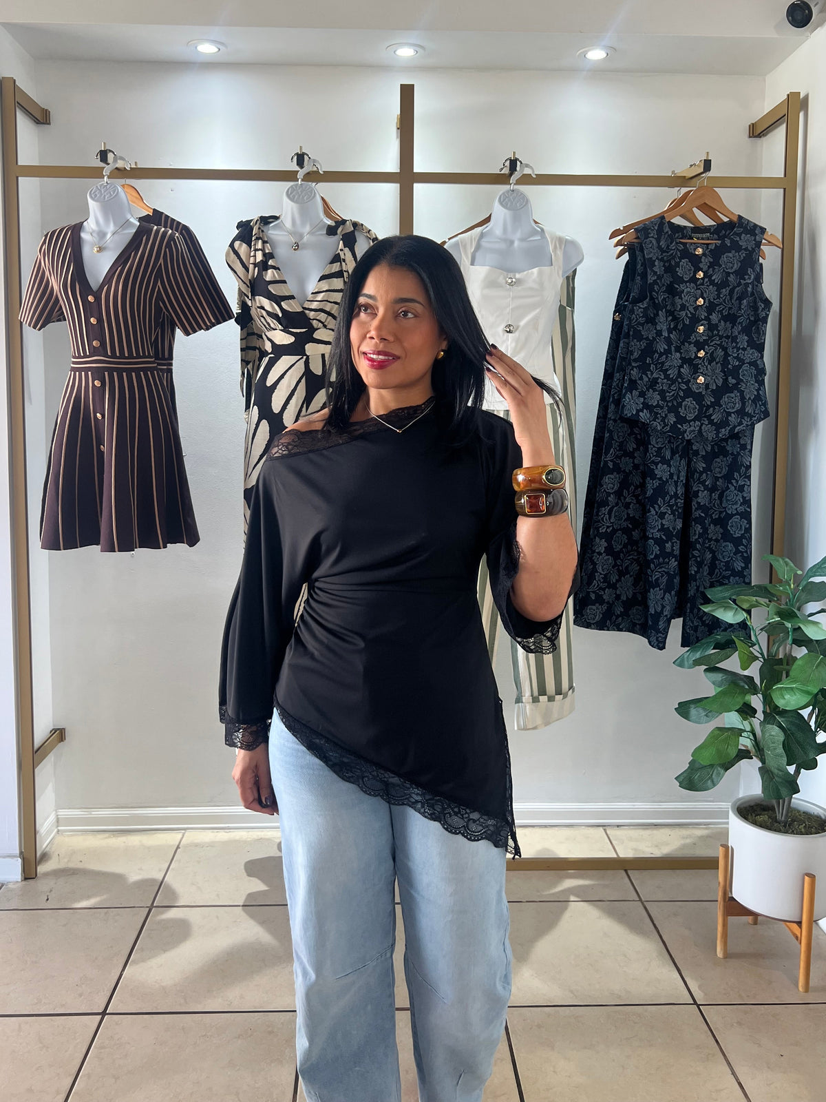 Black Asymmetric Lace Edge Top