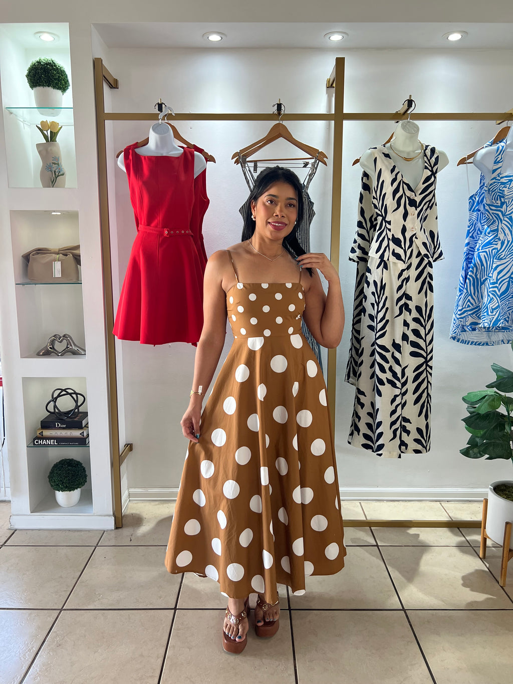 Brown White Polka Dots Midi Dress