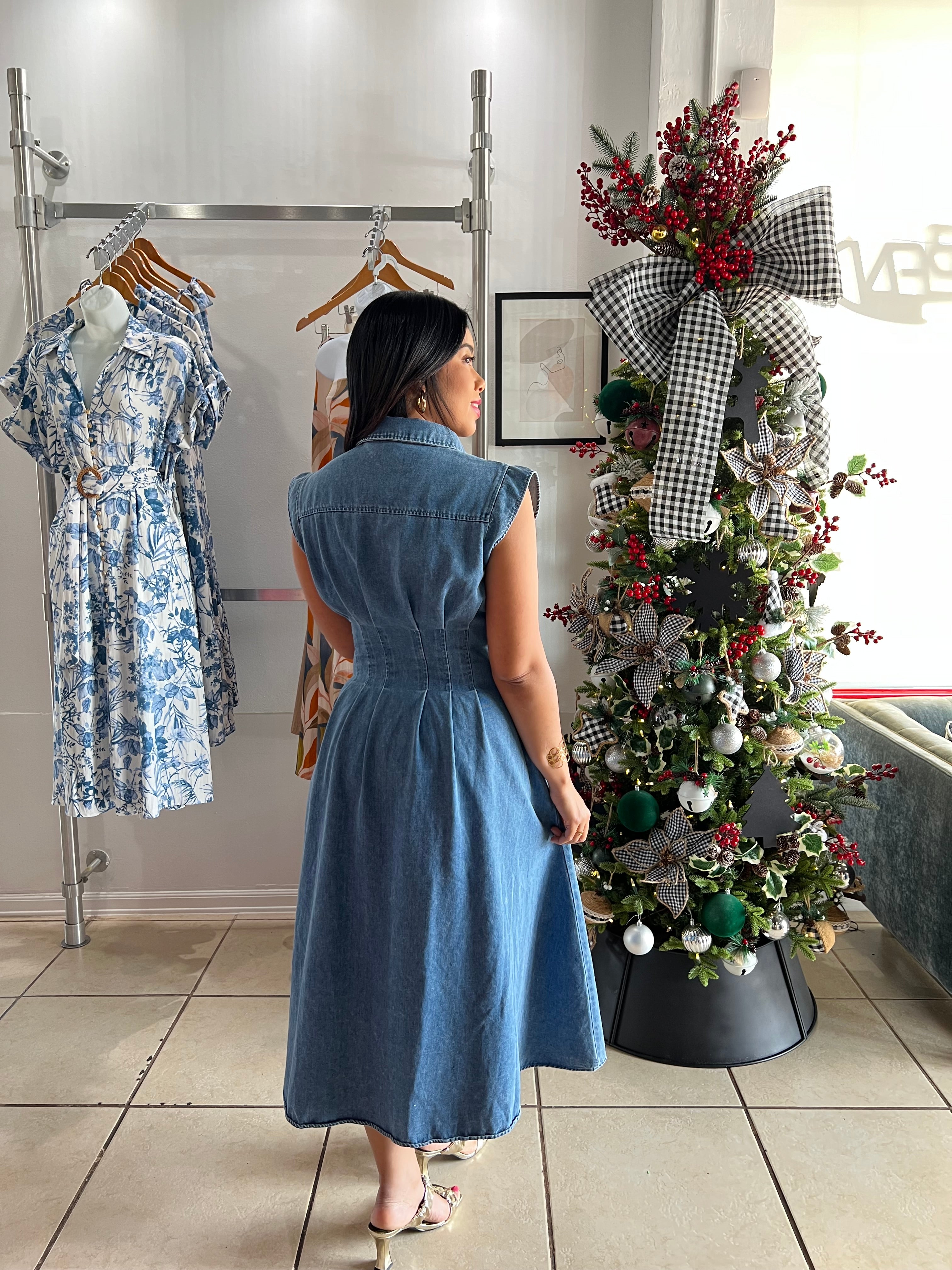 Medium indigo denim midi dress