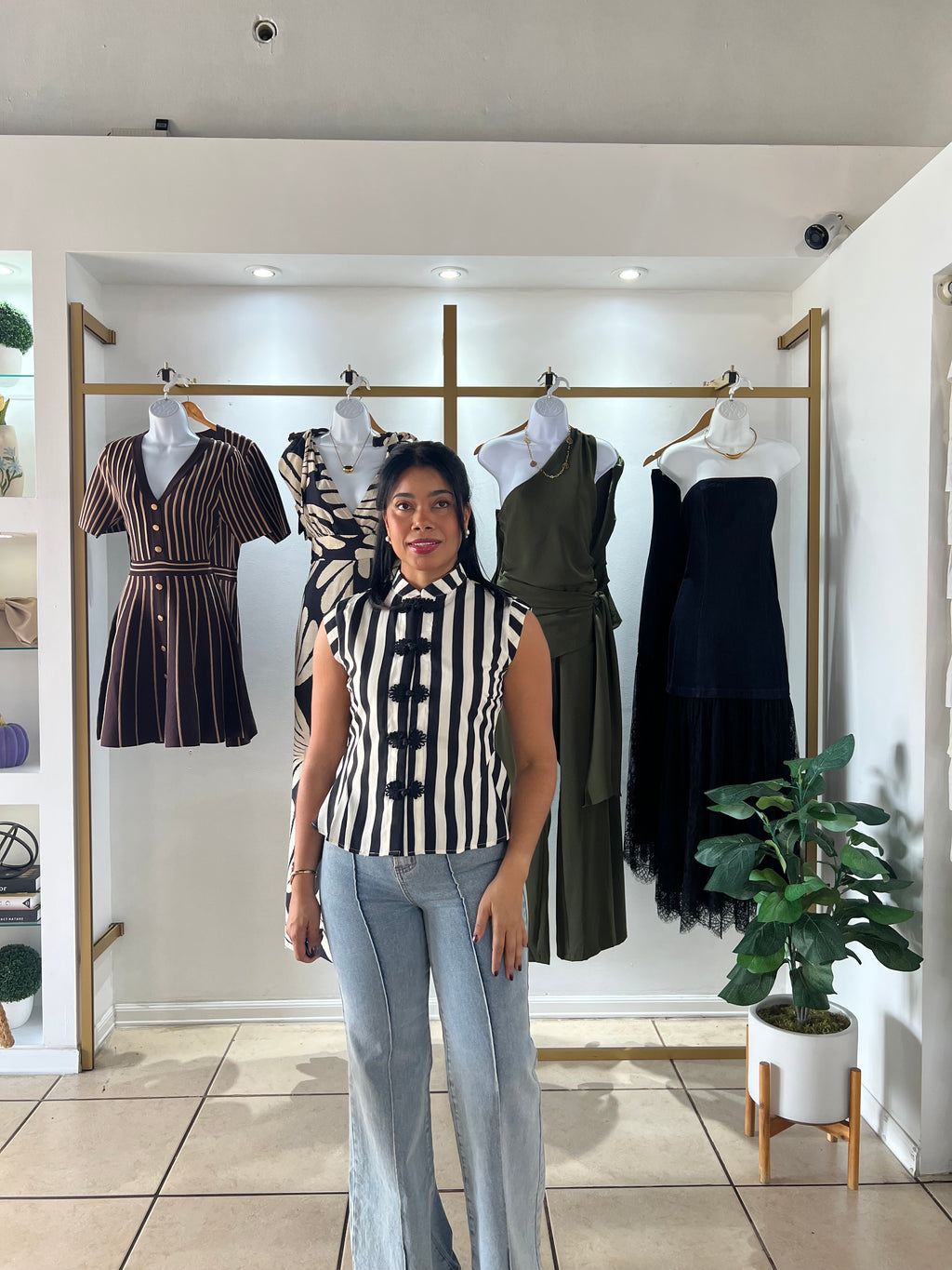Black Ivory Pin Stripe Peplum Top