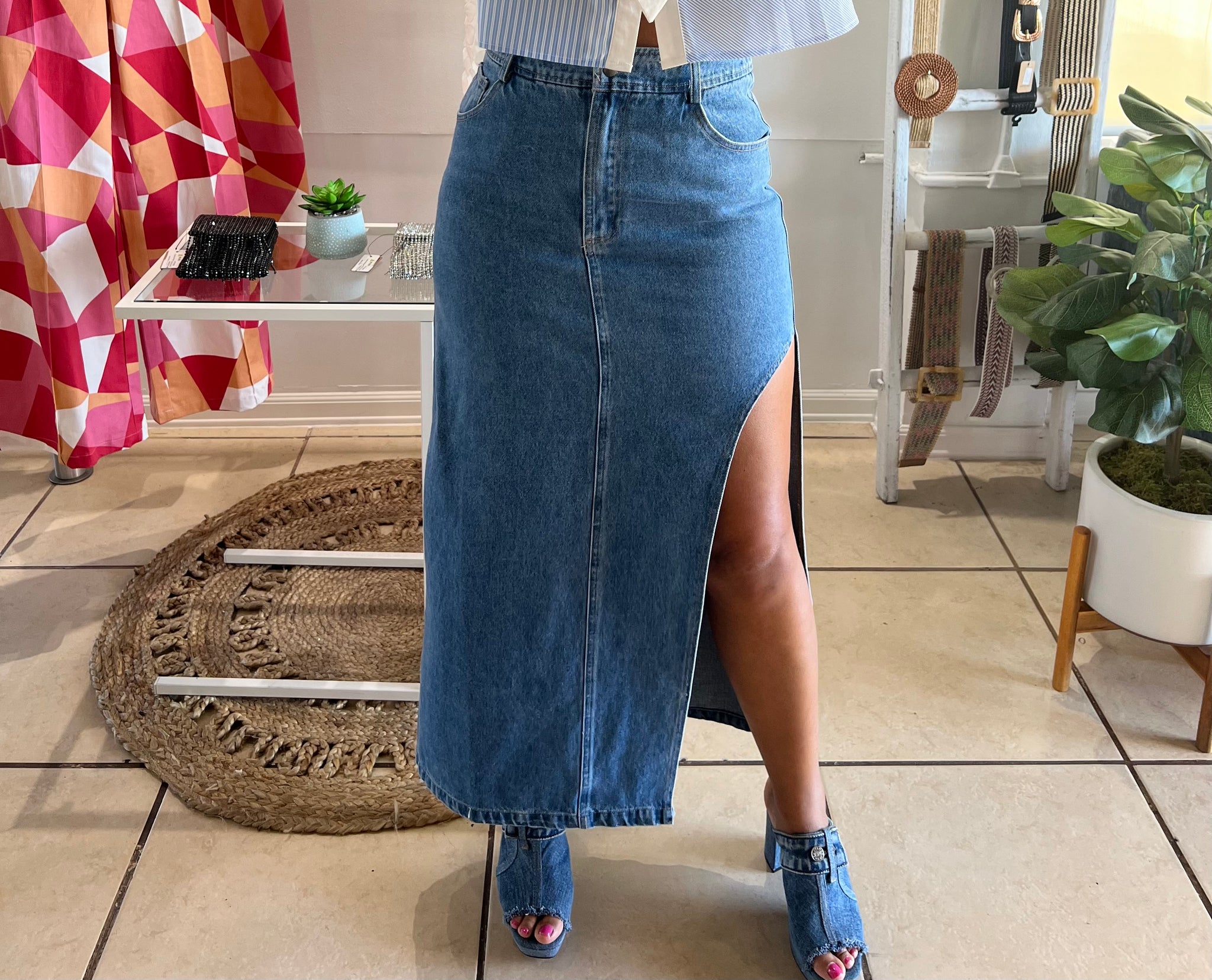 Denim Side Closure Midi Skirt