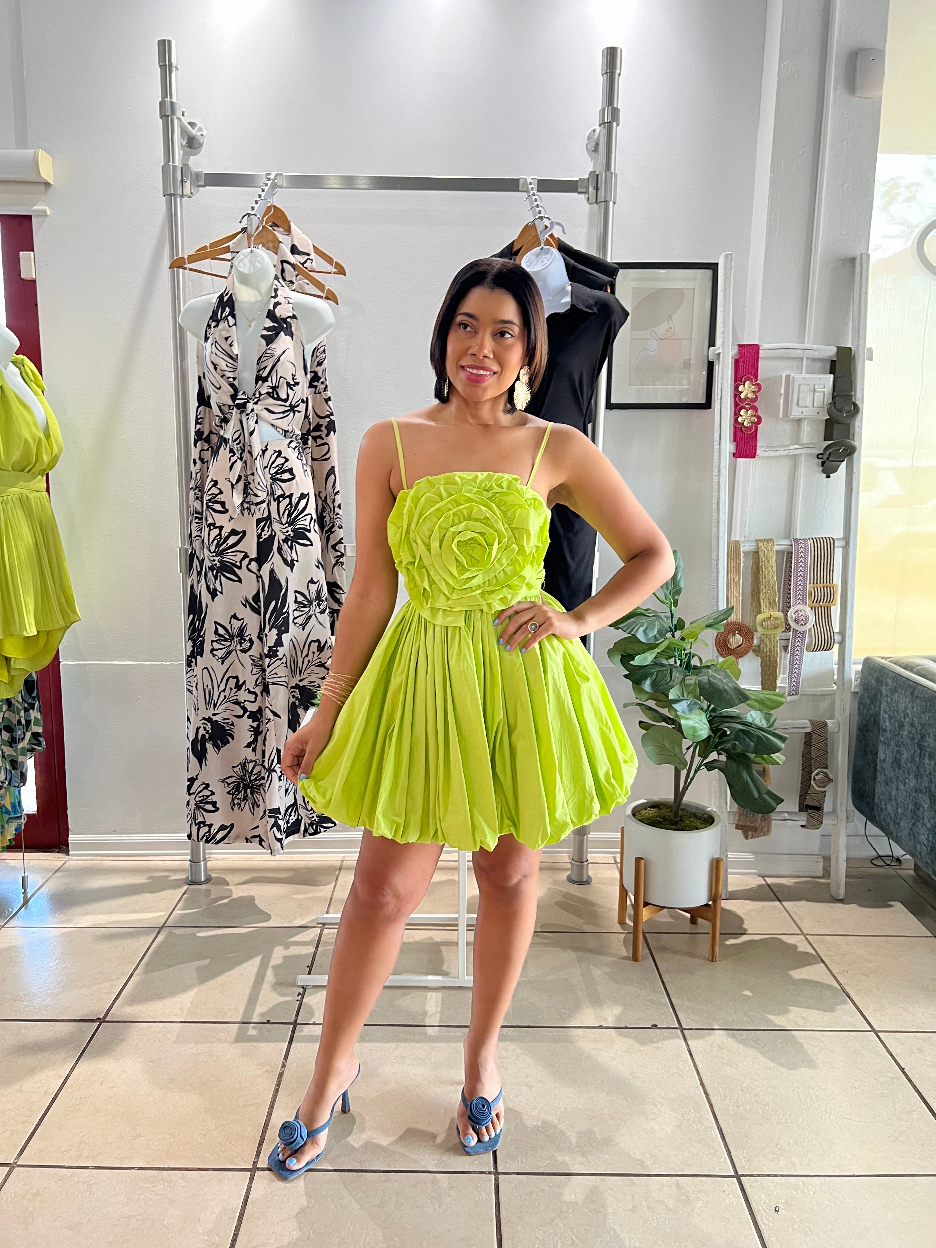 Lime flower appliqué ballon skirt mini dress