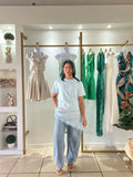 Light Blue Satin Lace Trim T-Shirt