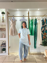 Load image into Gallery viewer, Light Blue Satin Lace Trim T-Shirt
