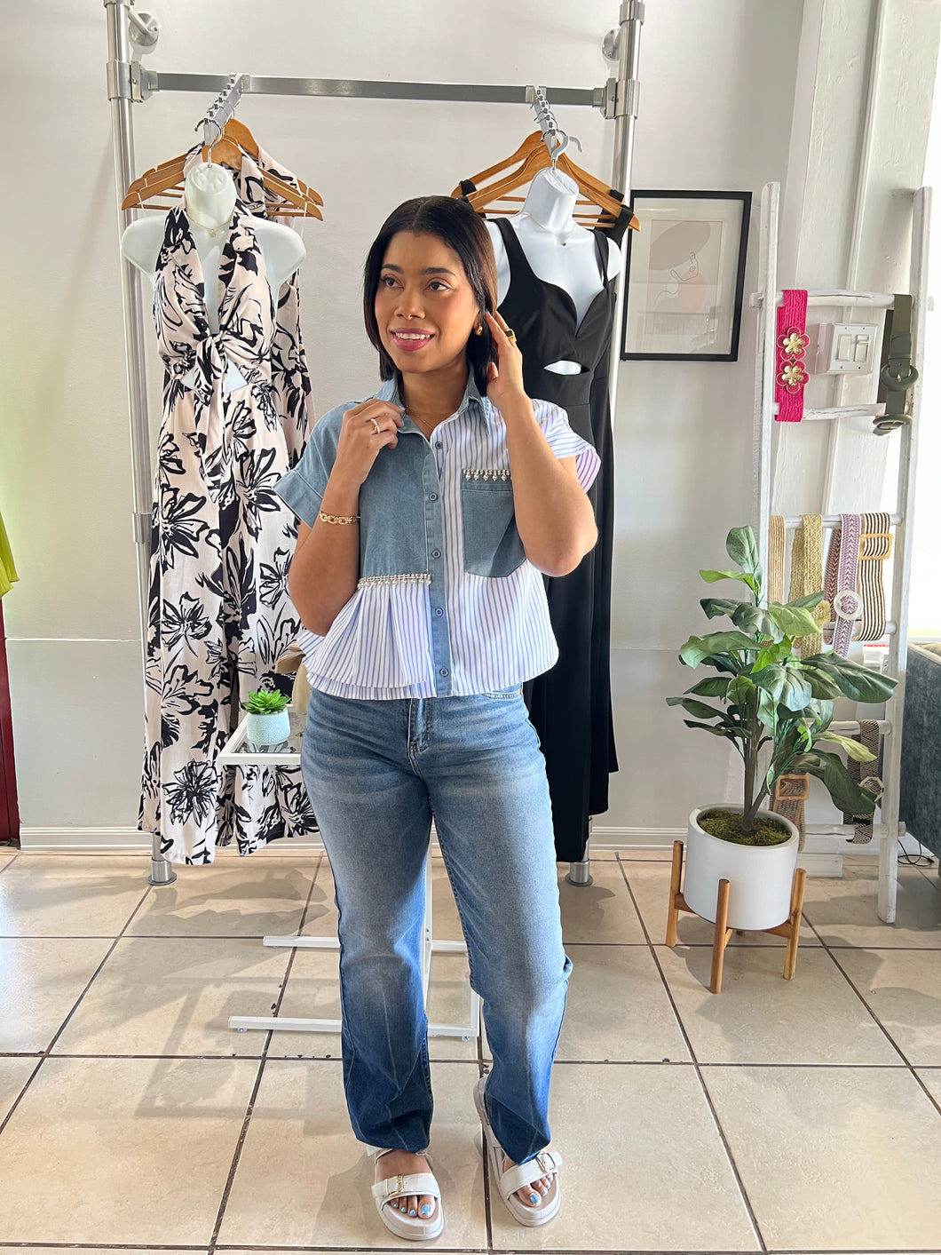 Blue stripes denim color block shirt