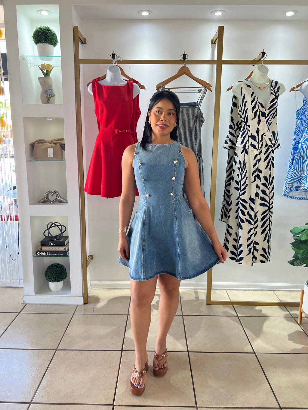 Denim Gold Front Button Detail Mini Dress