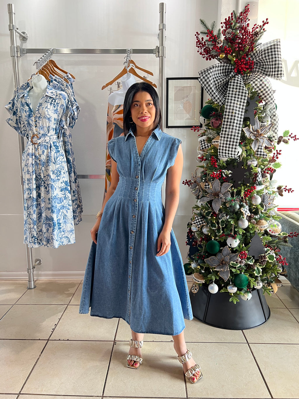Medium indigo denim midi dress