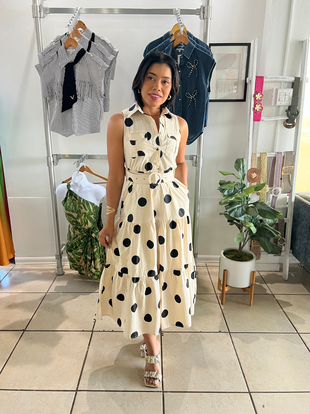 Ivory black polka dots midi dress