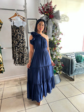 Load image into Gallery viewer, Navy ruffled one shoulder maxi dress
