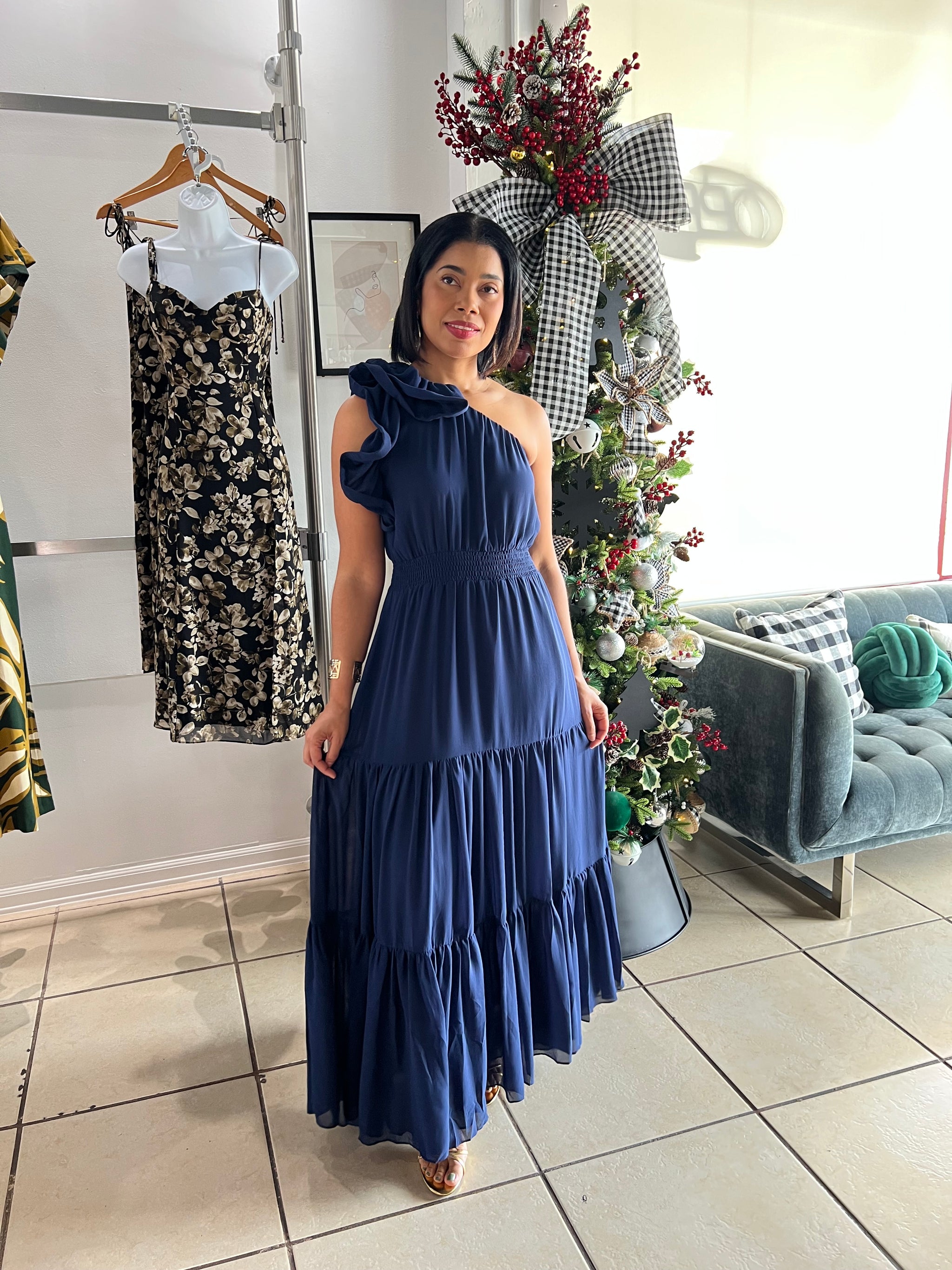 navy blue one shoulder ruffle dress One Shoulder Navy Blue Appliques Ruffle Formal Dress Ohmollydress