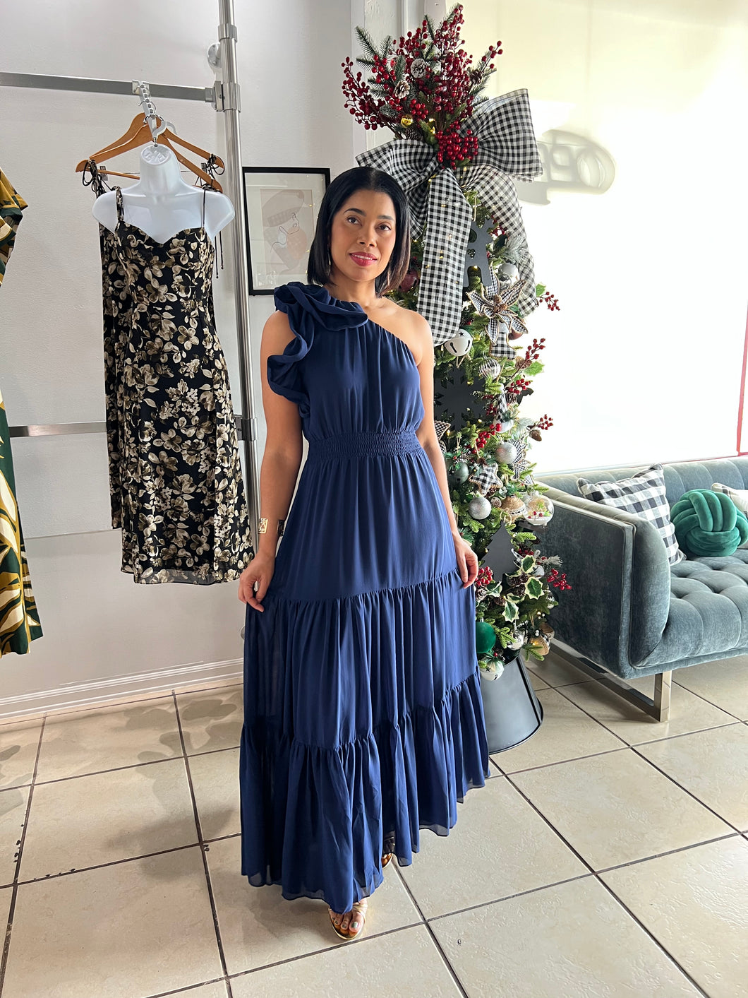Navy ruffled one shoulder maxi dress