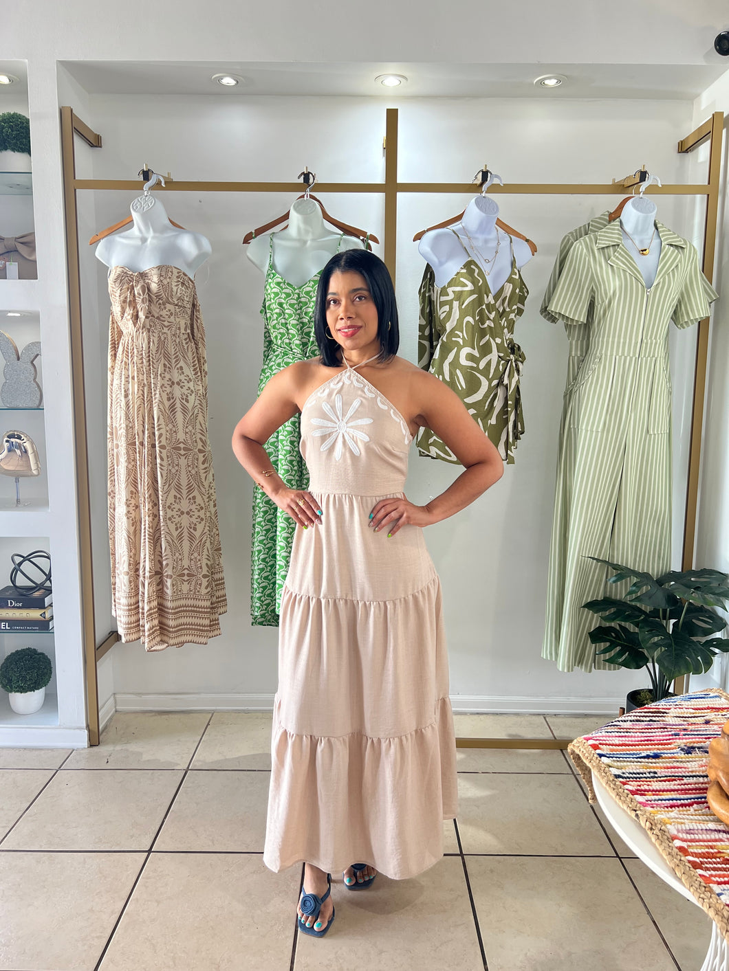 Natural Halter Neck Embroidery Maxi Dress