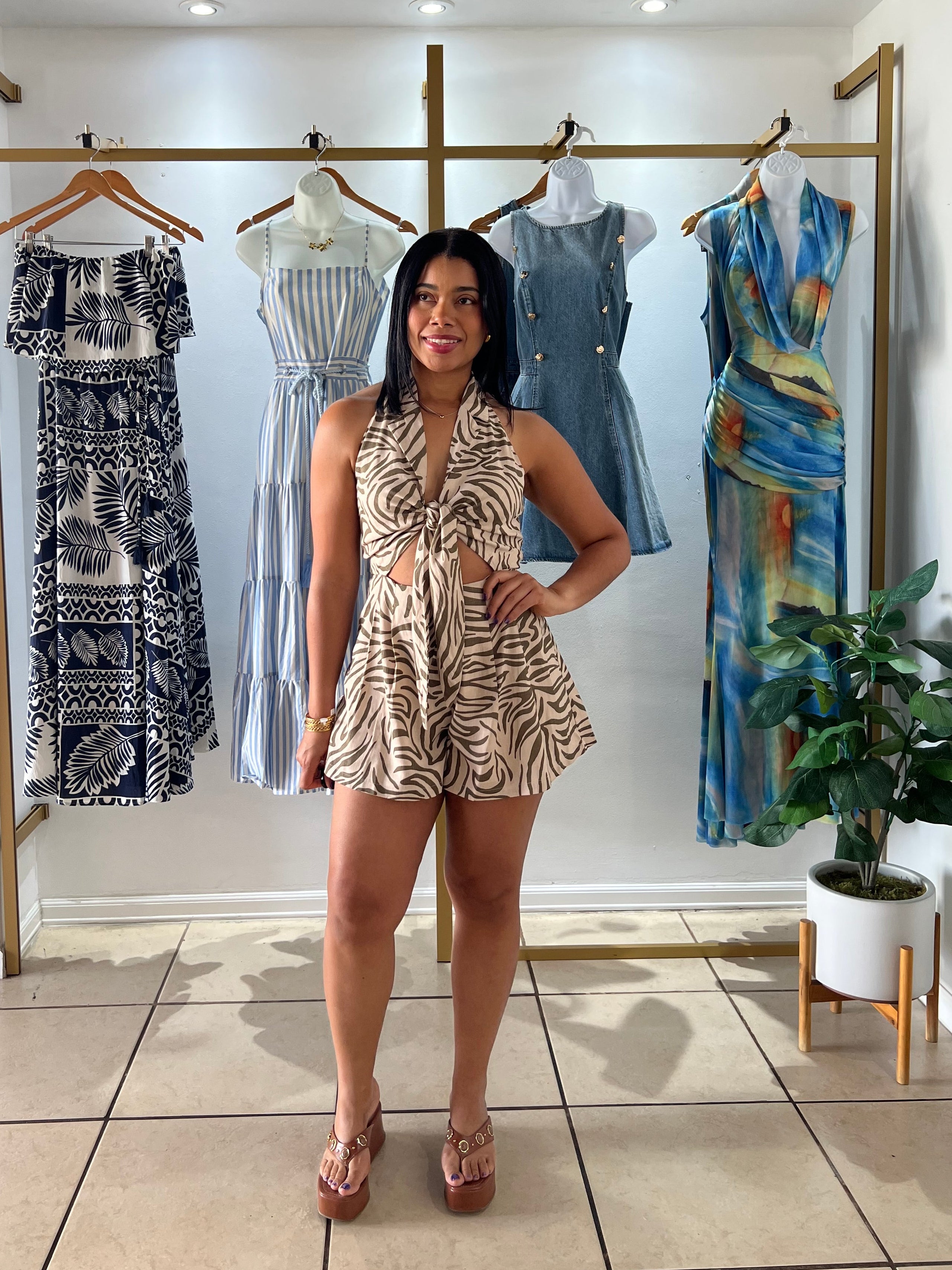 Olive Taupe Zebra Print Tie Front Romper