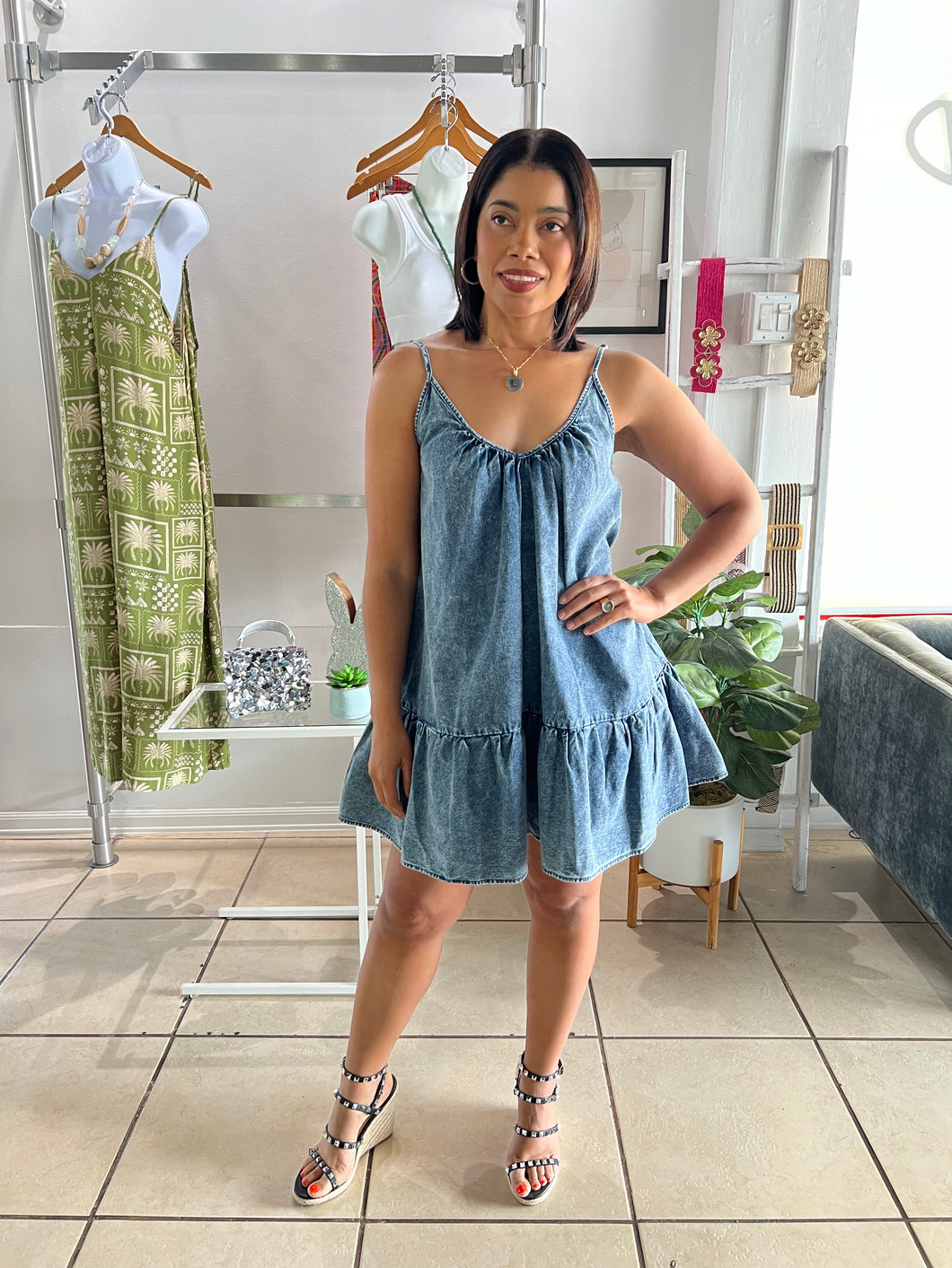 Denim washed ruffled mini dress