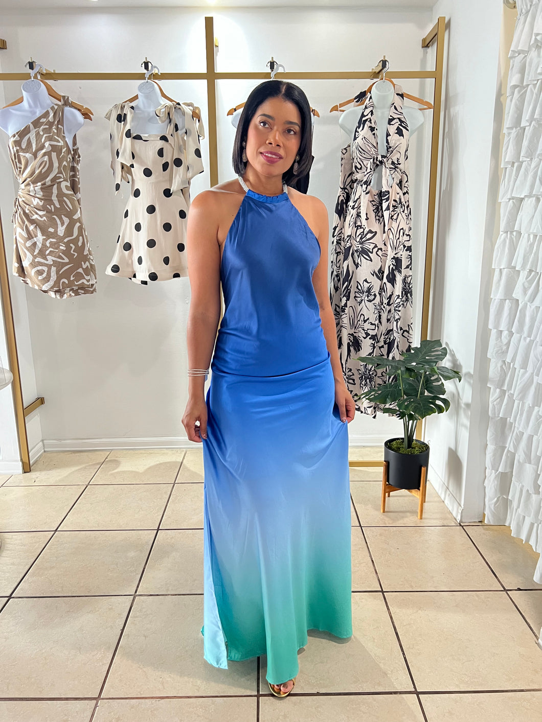 Blue Ombre satin halter maxi gown