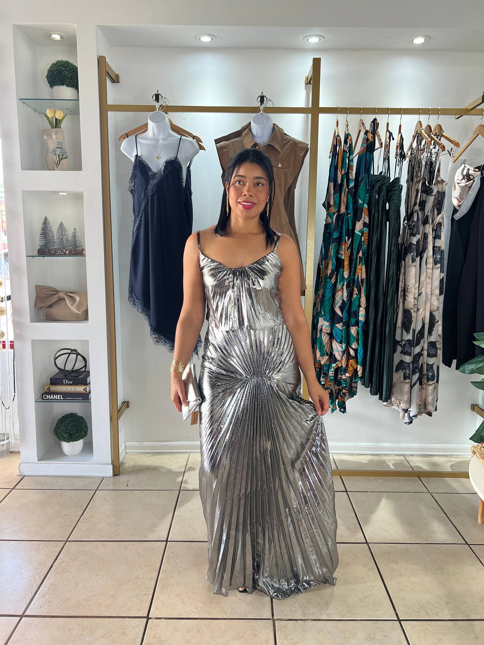 gunmetal maxi dress Gunmetal Metallic Maxi Dress M