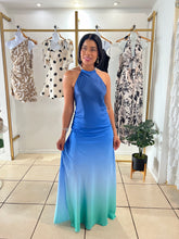 Load image into Gallery viewer, Blue Ombre satin halter maxi gown
