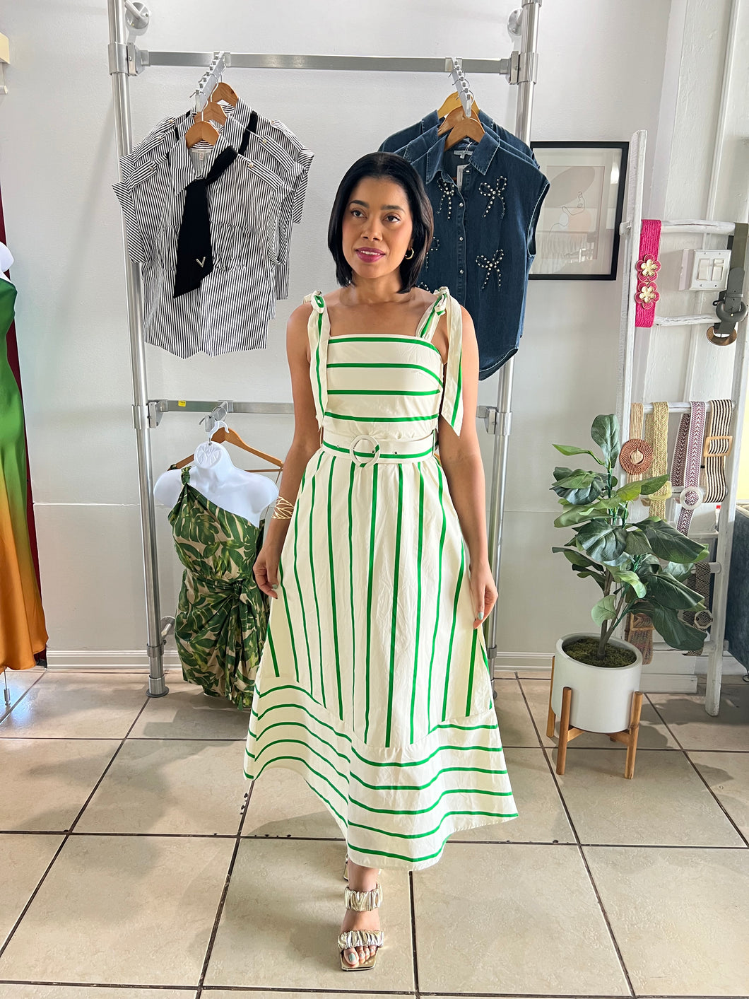 Green/ ivory stripes tie midi dress