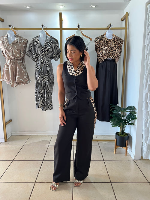 Black Cheetah contrast trim pant suit