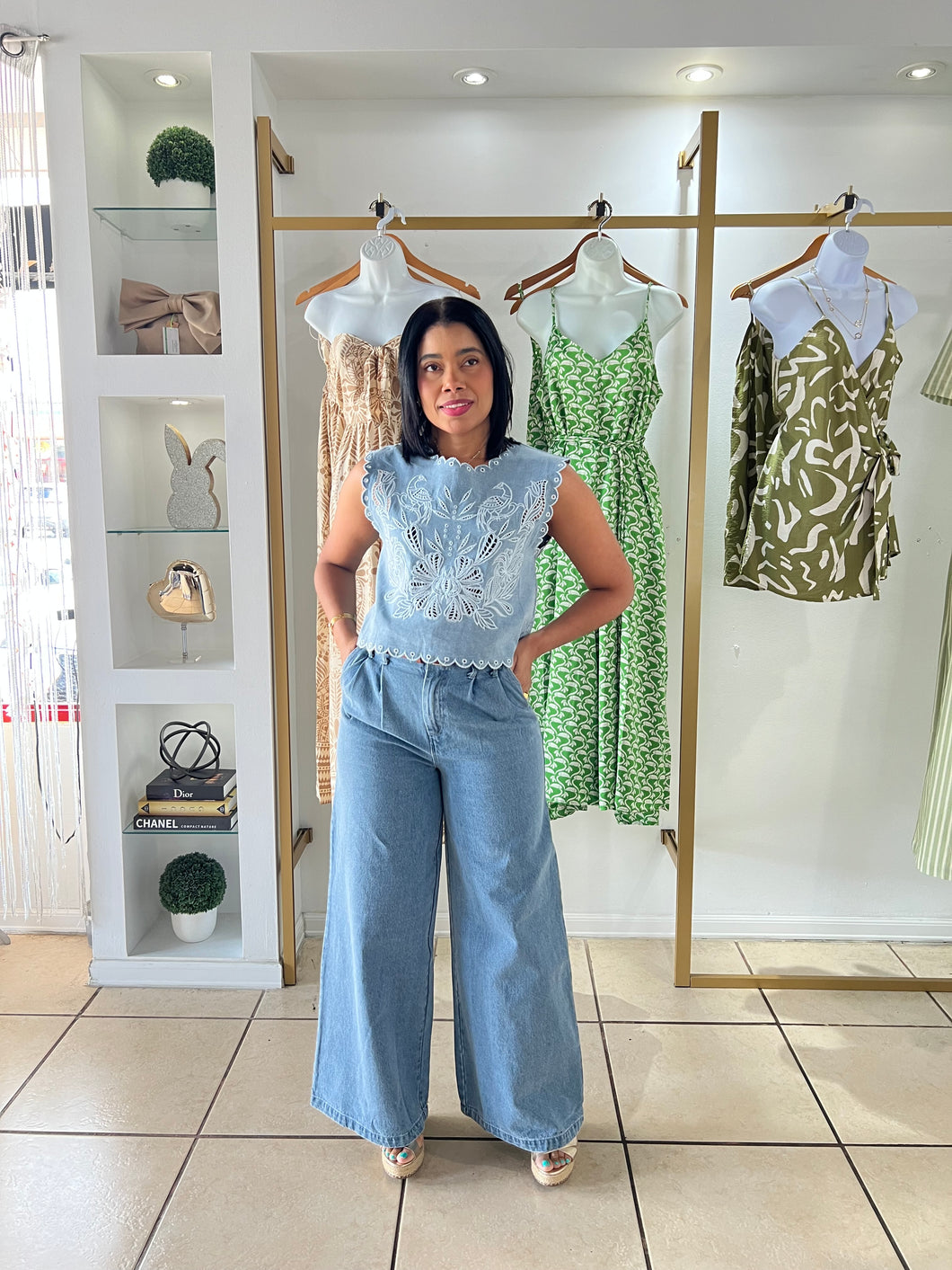 Light Denim Embroidery Top