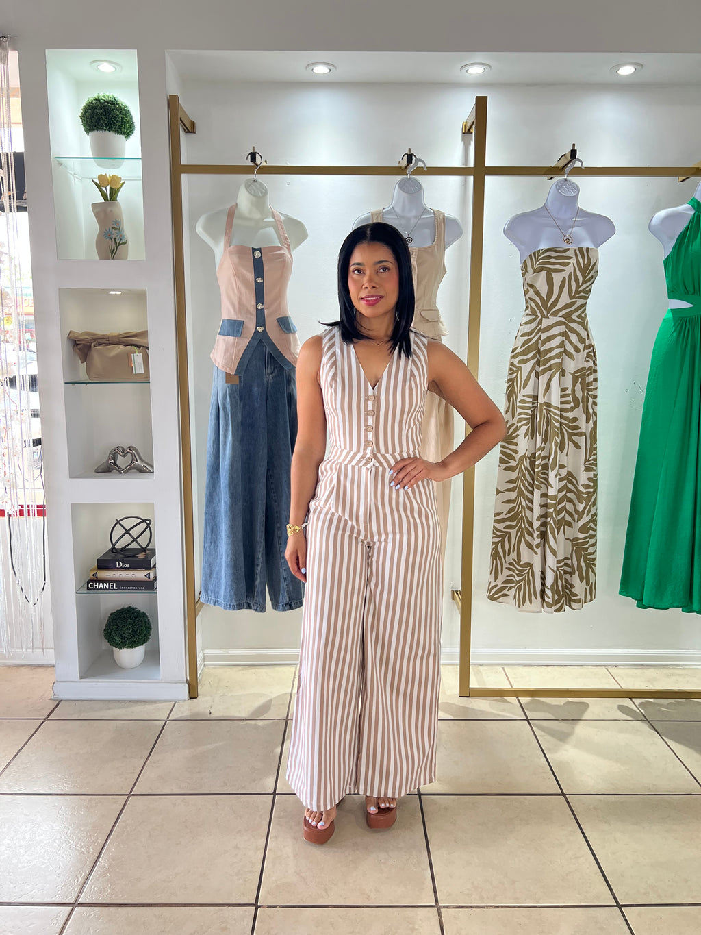 Taupe Wgite Striped Jumpsuit