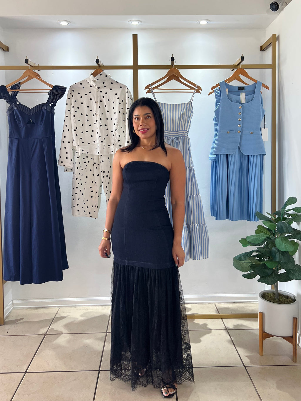 Dark Indigo Denim and Lace Combination Maxi Dress