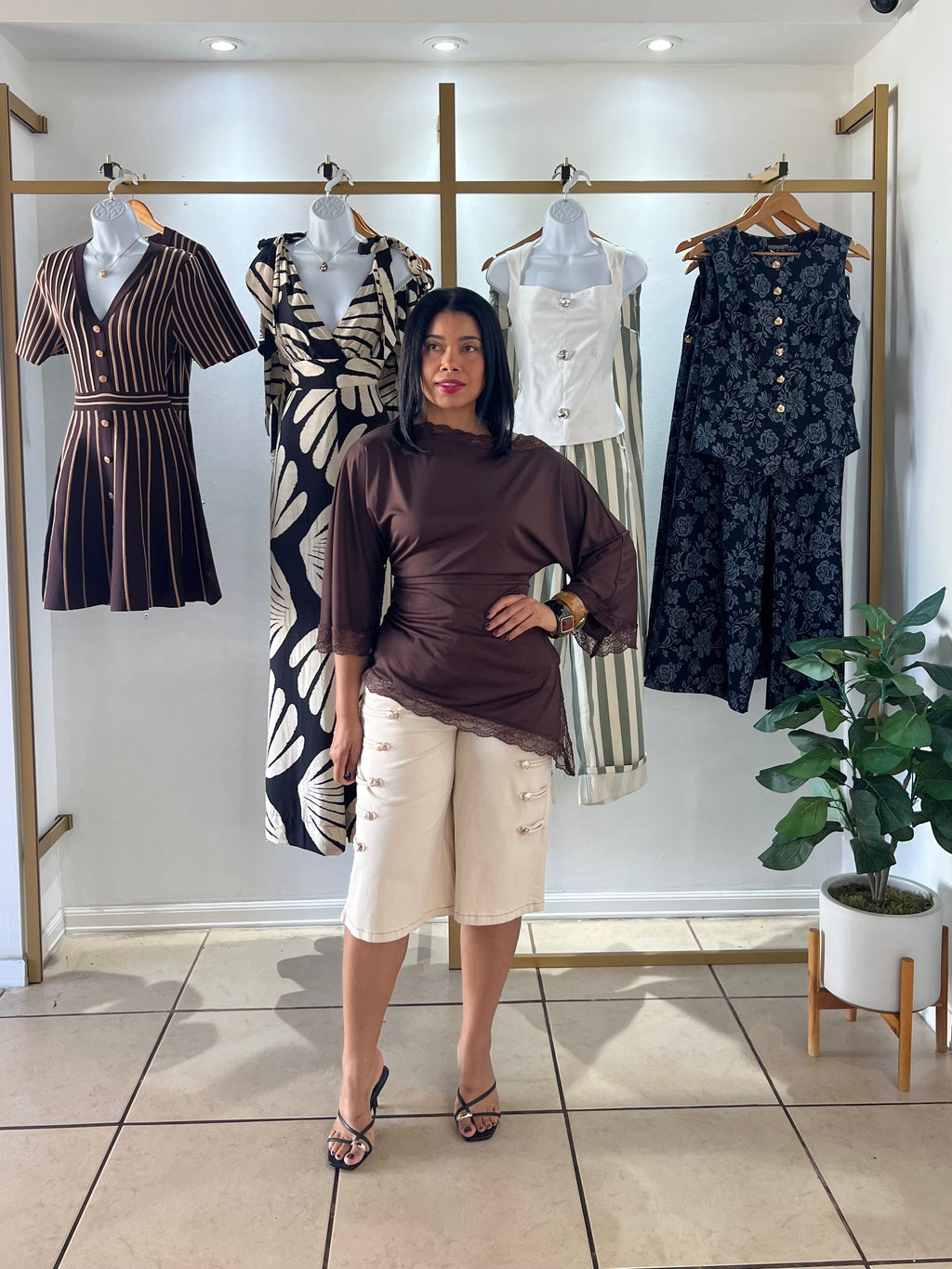Brown Asymmetric Lace Edge Top