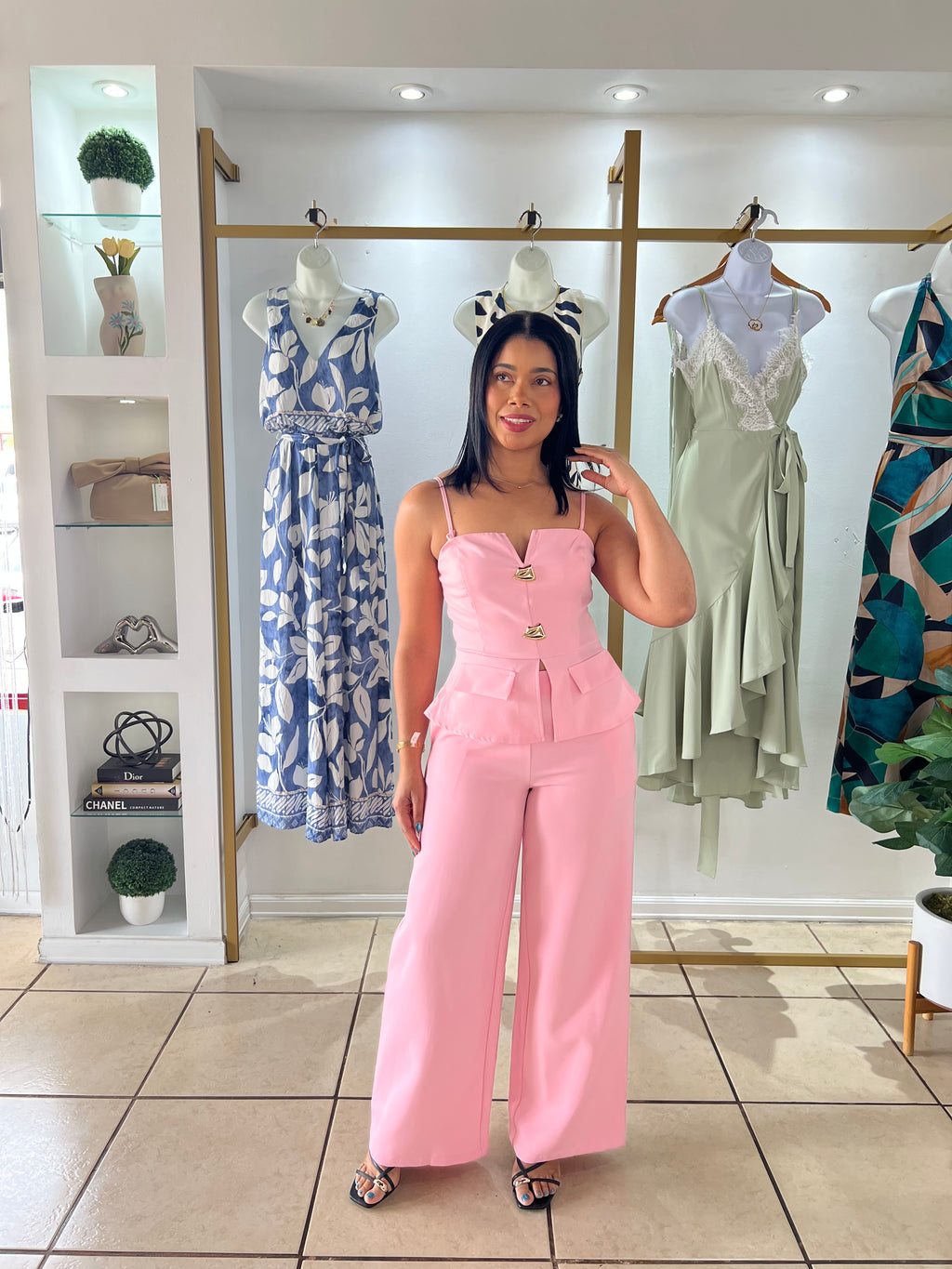 Pink Peplum Top and Wide Leg Pant Set