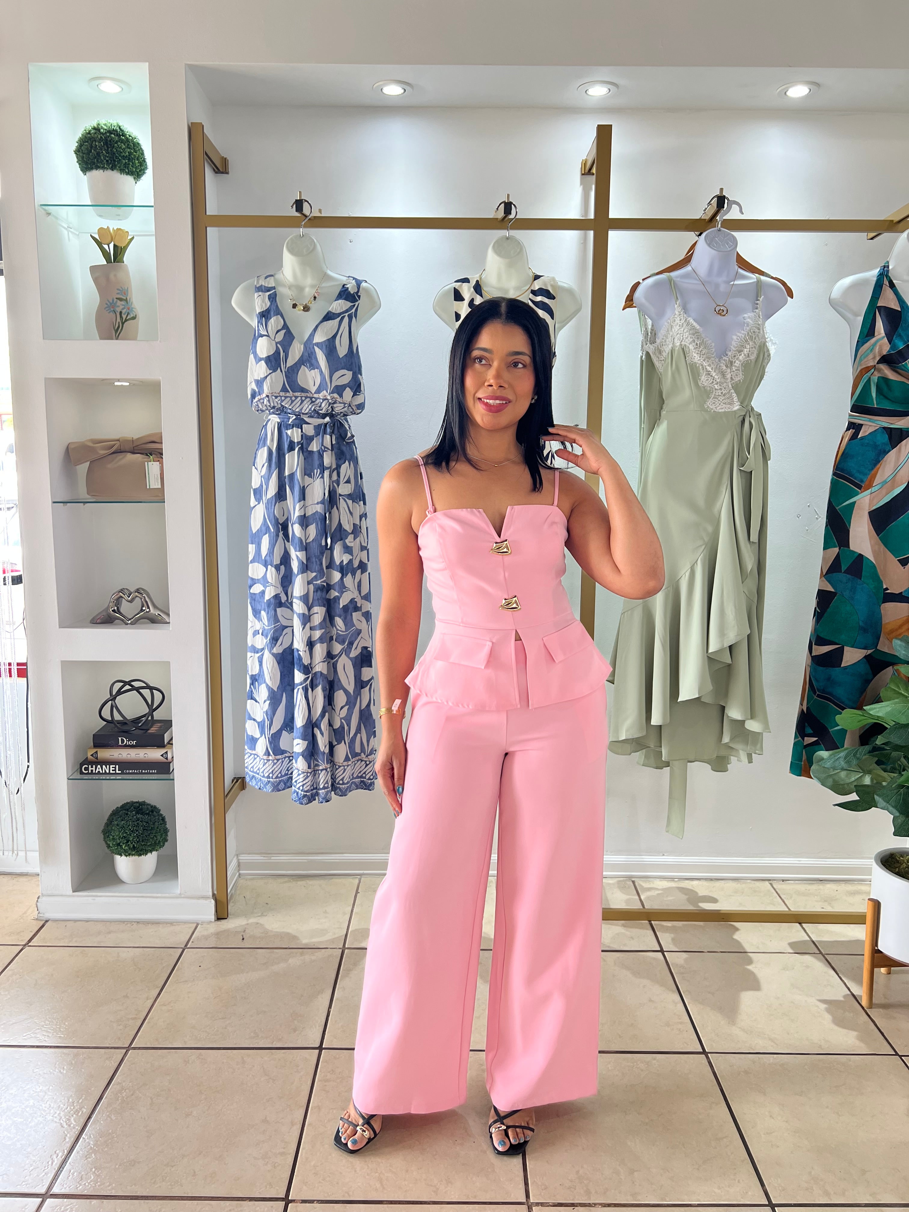 Pink Peplum Top and Wide Leg Pant Set