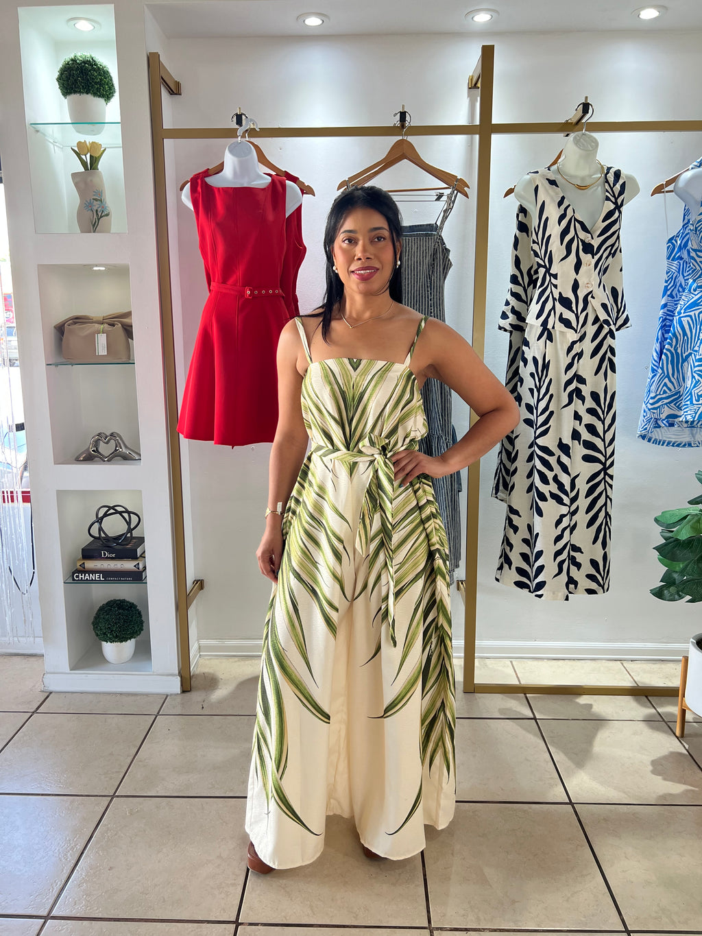 Ivory Palm Leaf Print Jumpsuit