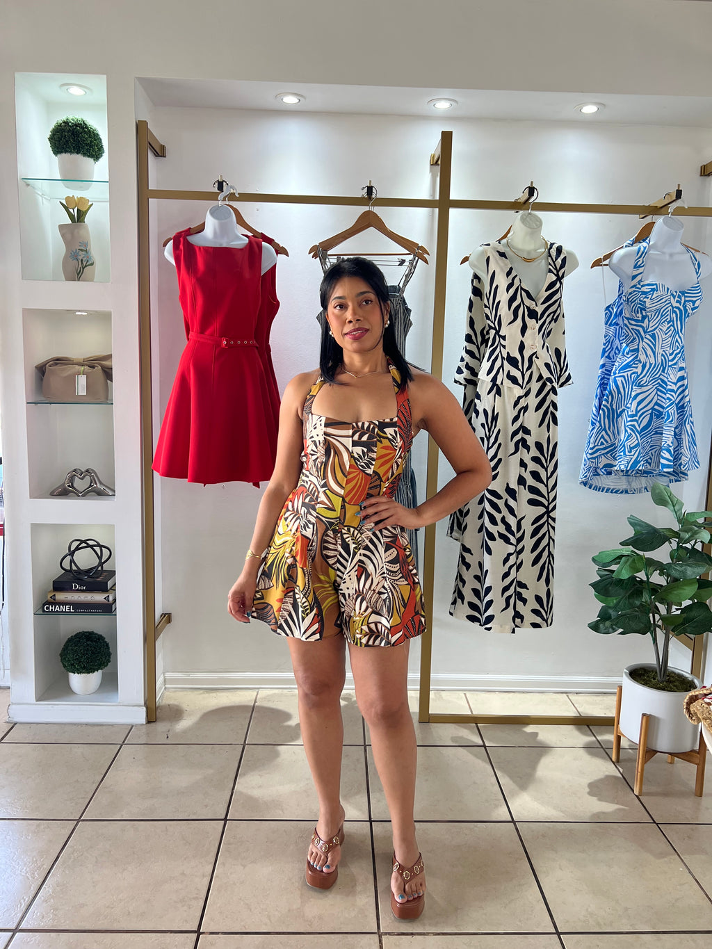 Brown Print Halter Romper