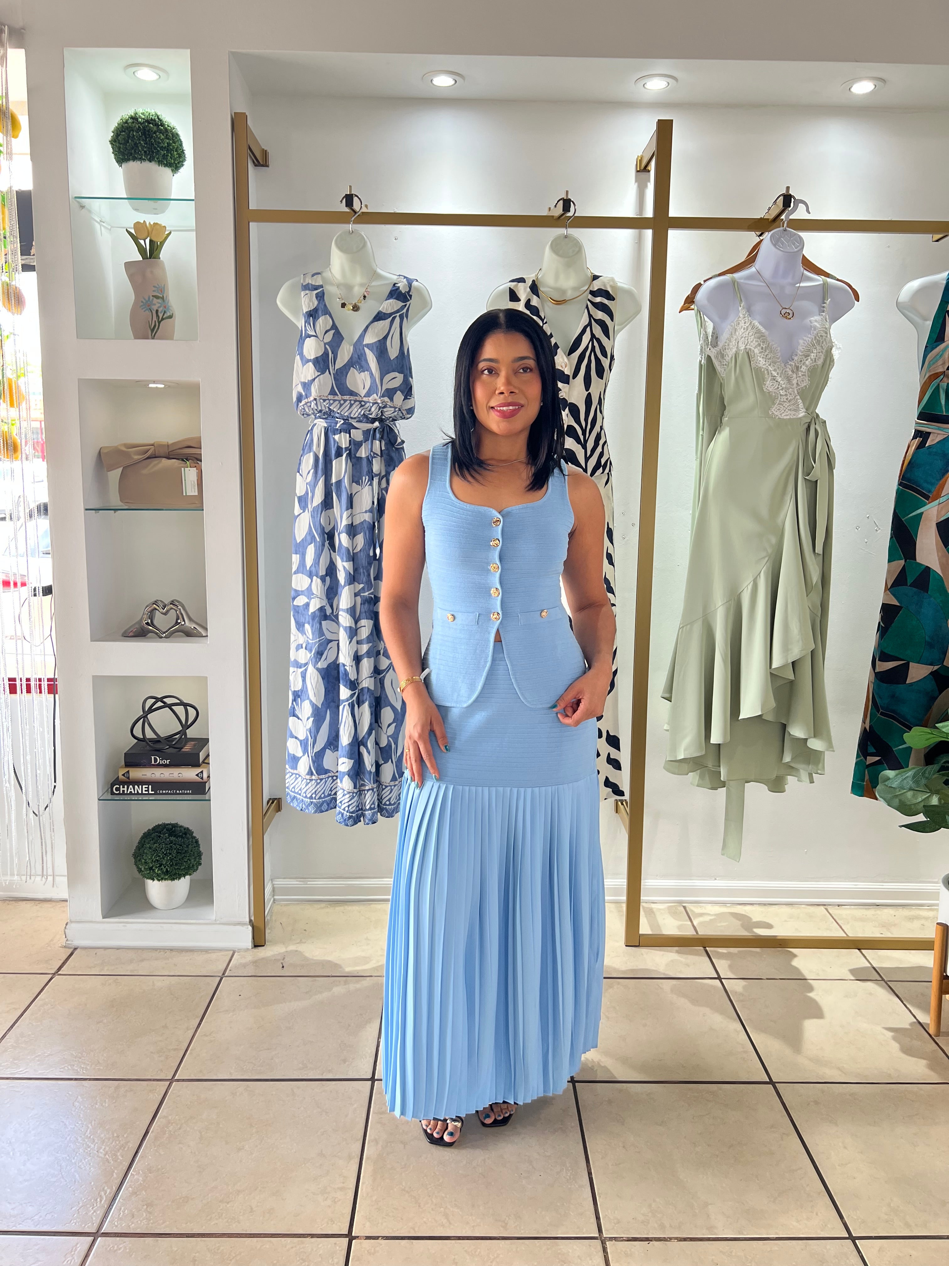 LT Blue Vest and Contrast Pleated Skirt Set