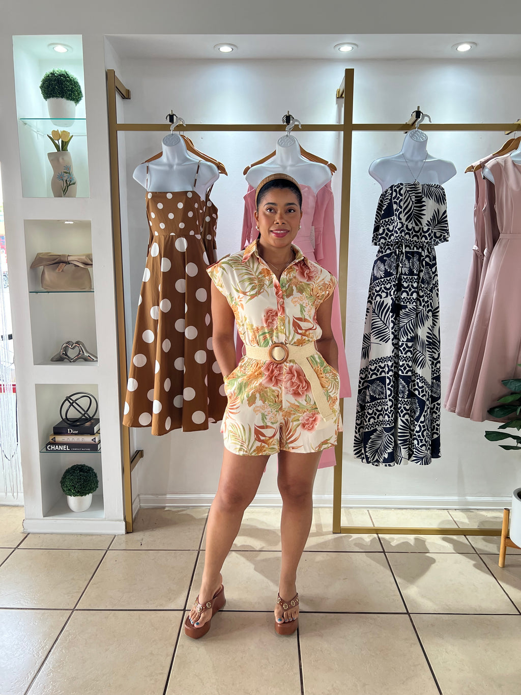 Ivory Tropical Print Belted Romper