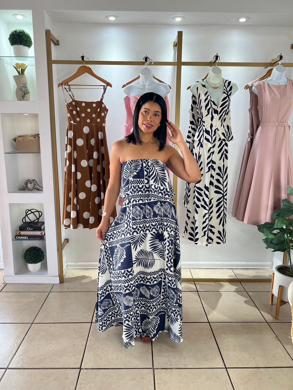 Navy Off White Tube Maxi Dress