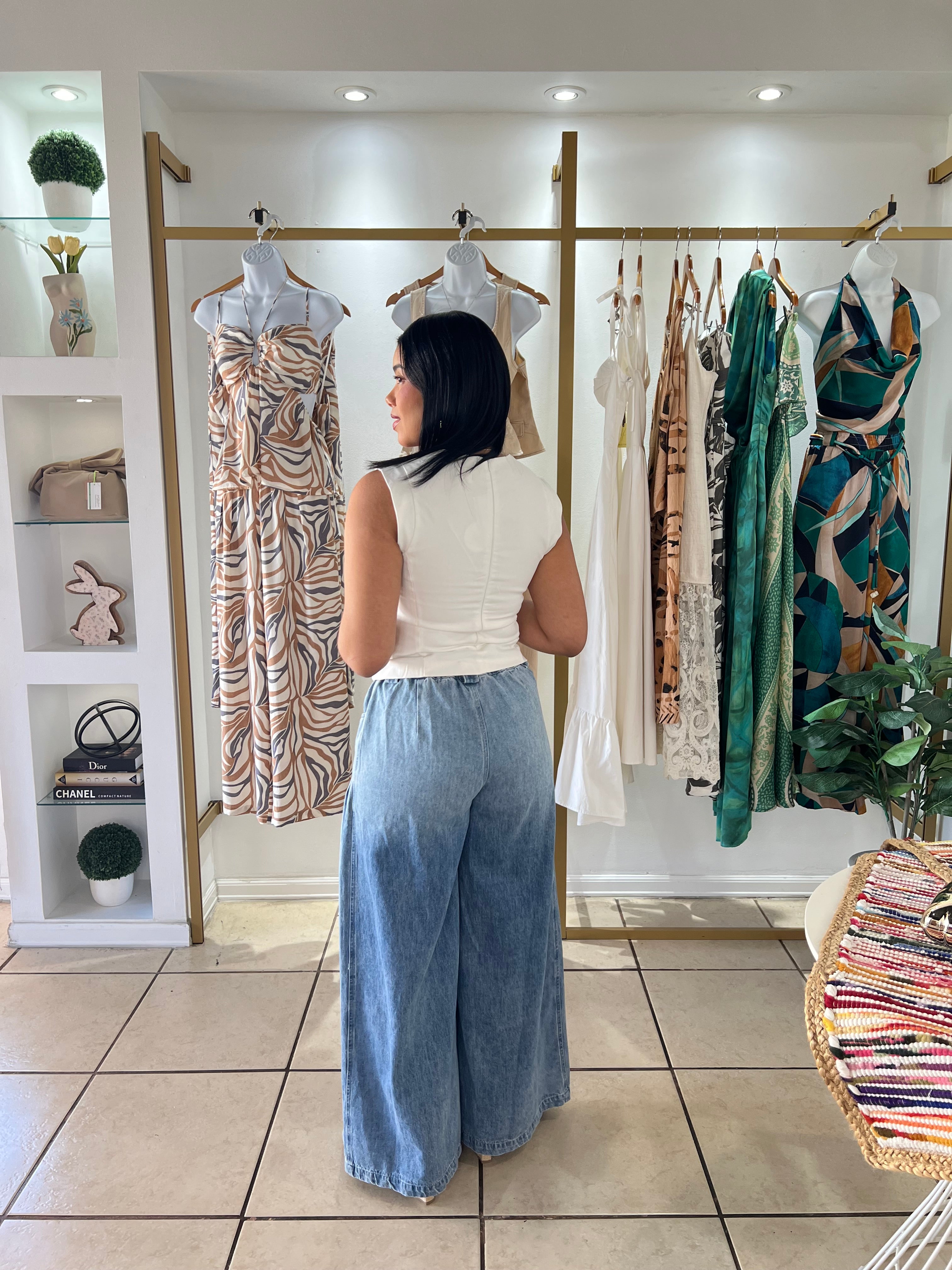 Denim Blue Contrast Tie Wide Leg Pant
