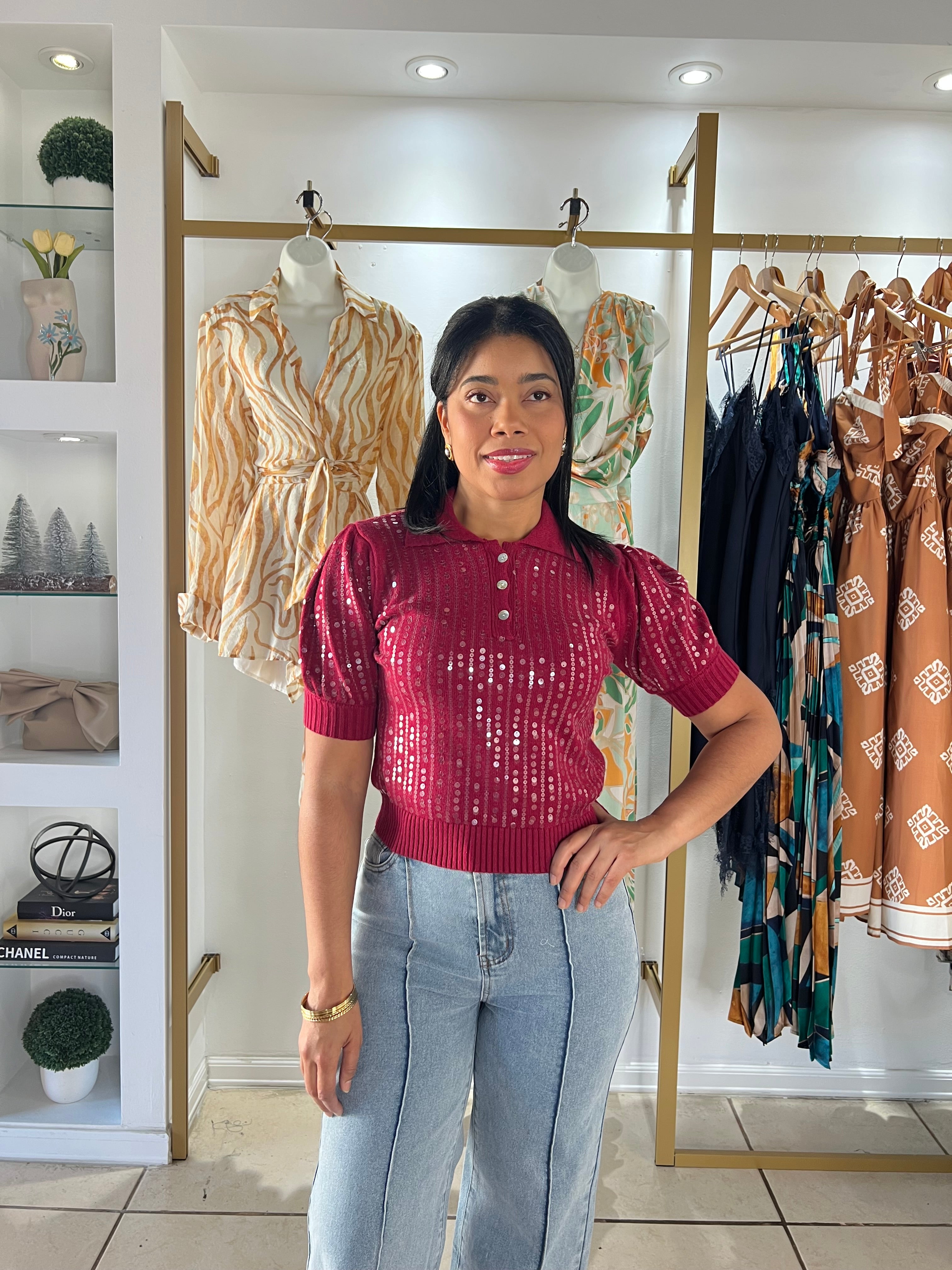 Berry Sequins Sweater Top
