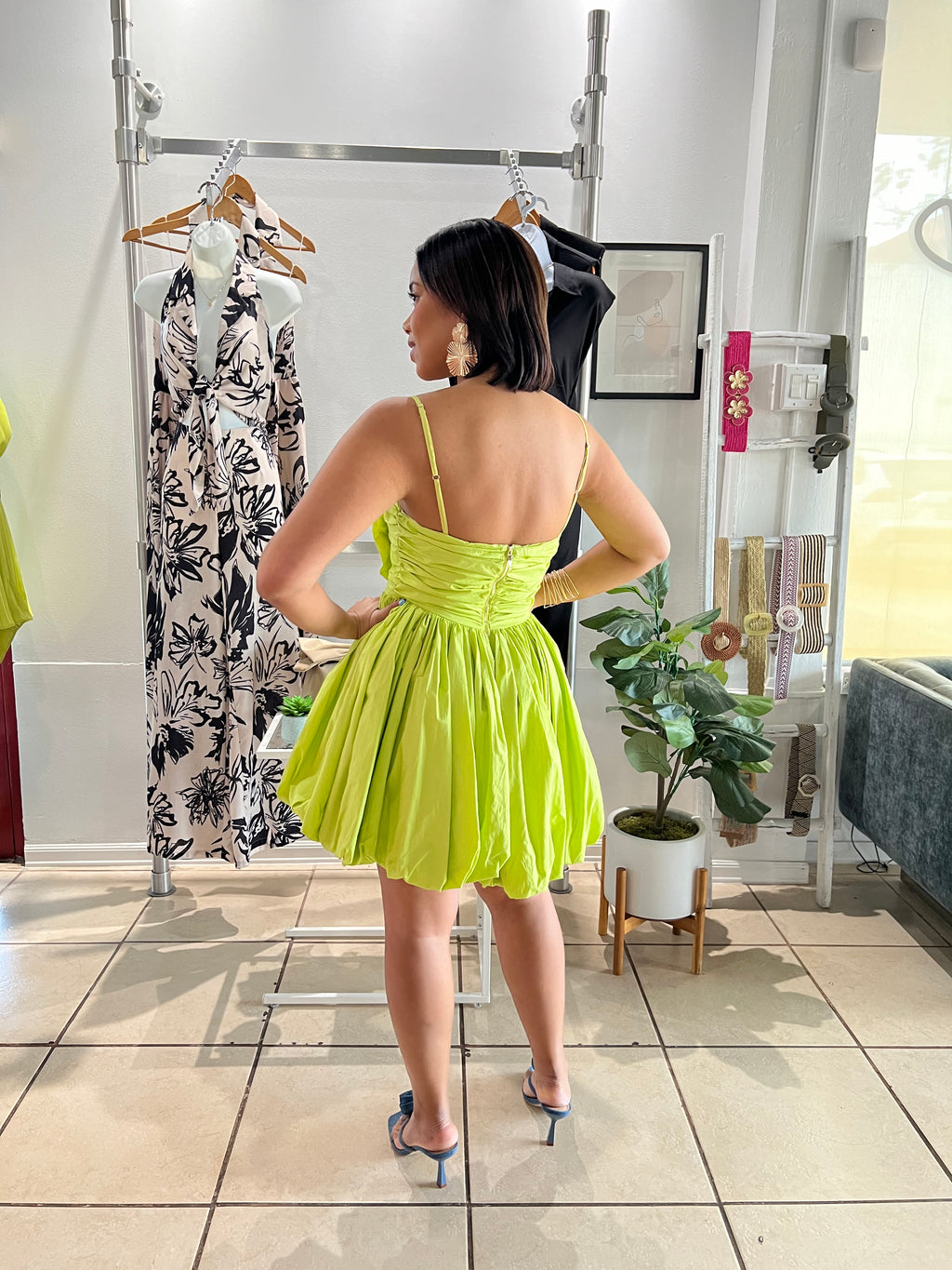 Lime flower appliqué ballon skirt mini dress