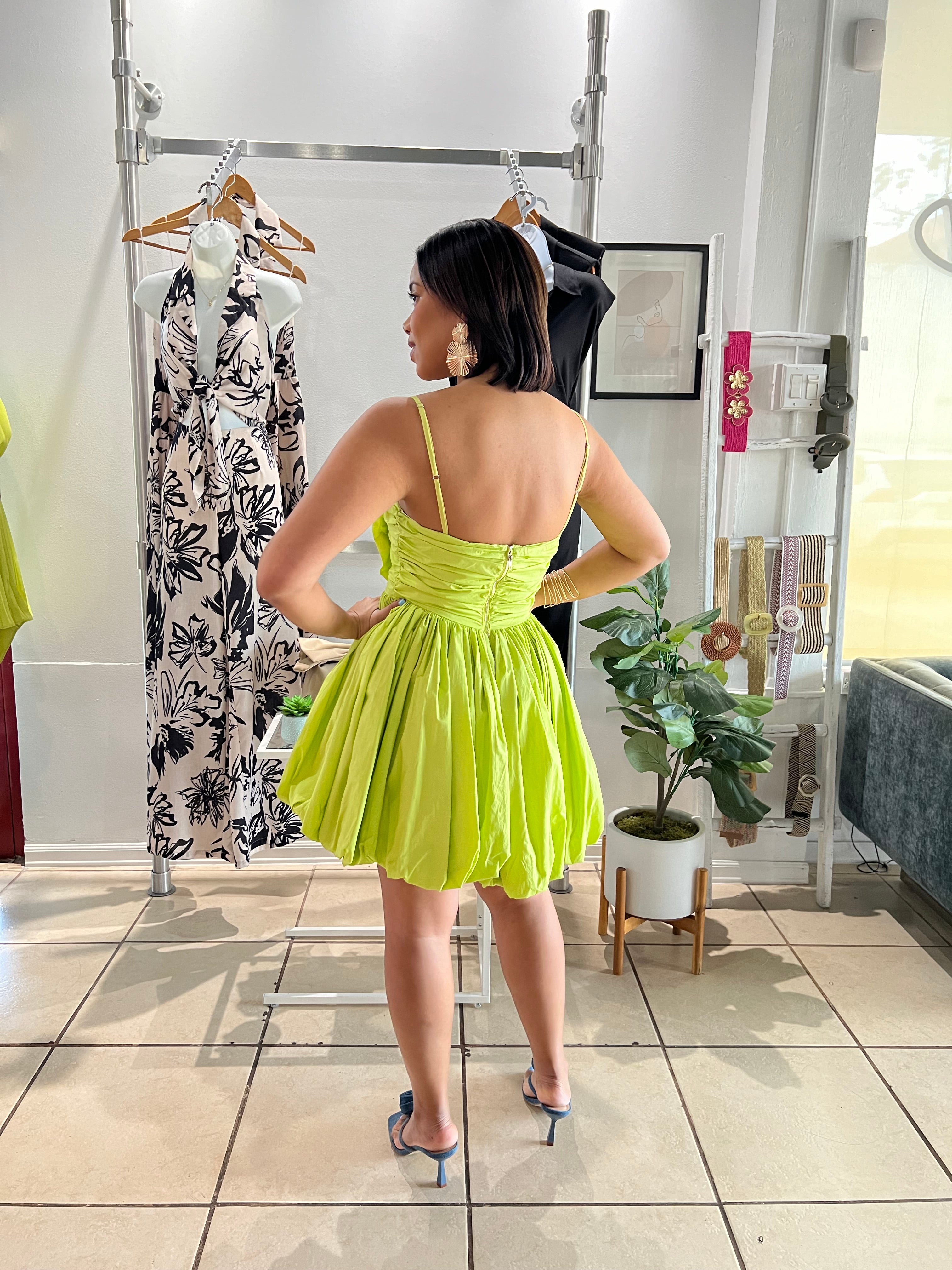 Lime flower appliqué ballon skirt mini dress
