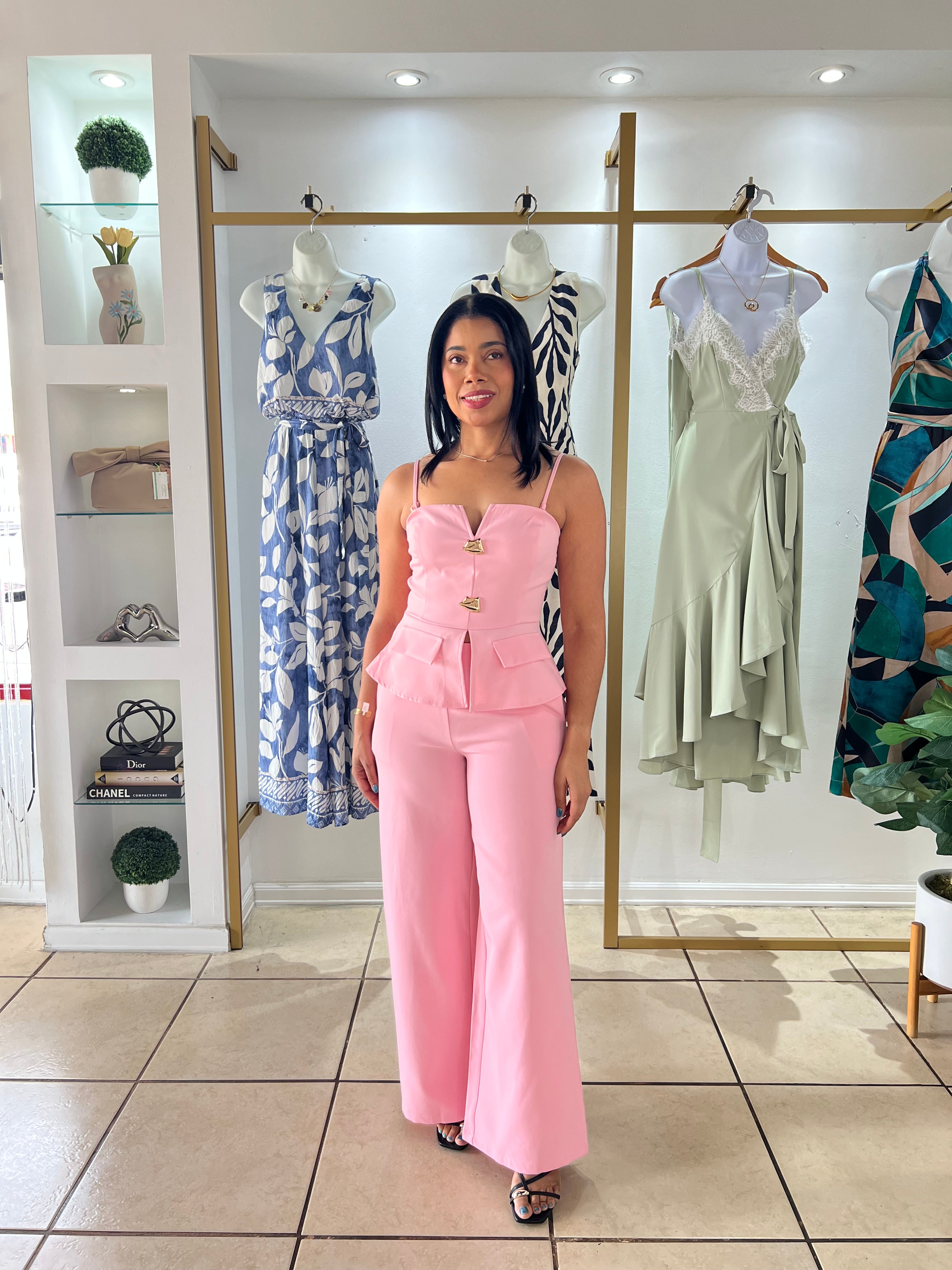 Pink Peplum Top and Wide Leg Pant Set