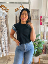 Load image into Gallery viewer, Black Short Denim Sleeve TShirt
